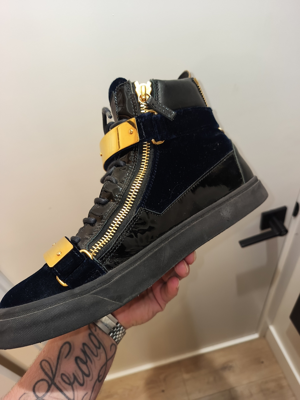 Giuseppe Zanotti Men's Black & Gold Velvet Patent High-Top Sneaker